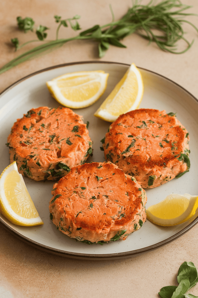 Photo of three golden salmon cakes on a plate indoors with lemon wedges, no text or logos.