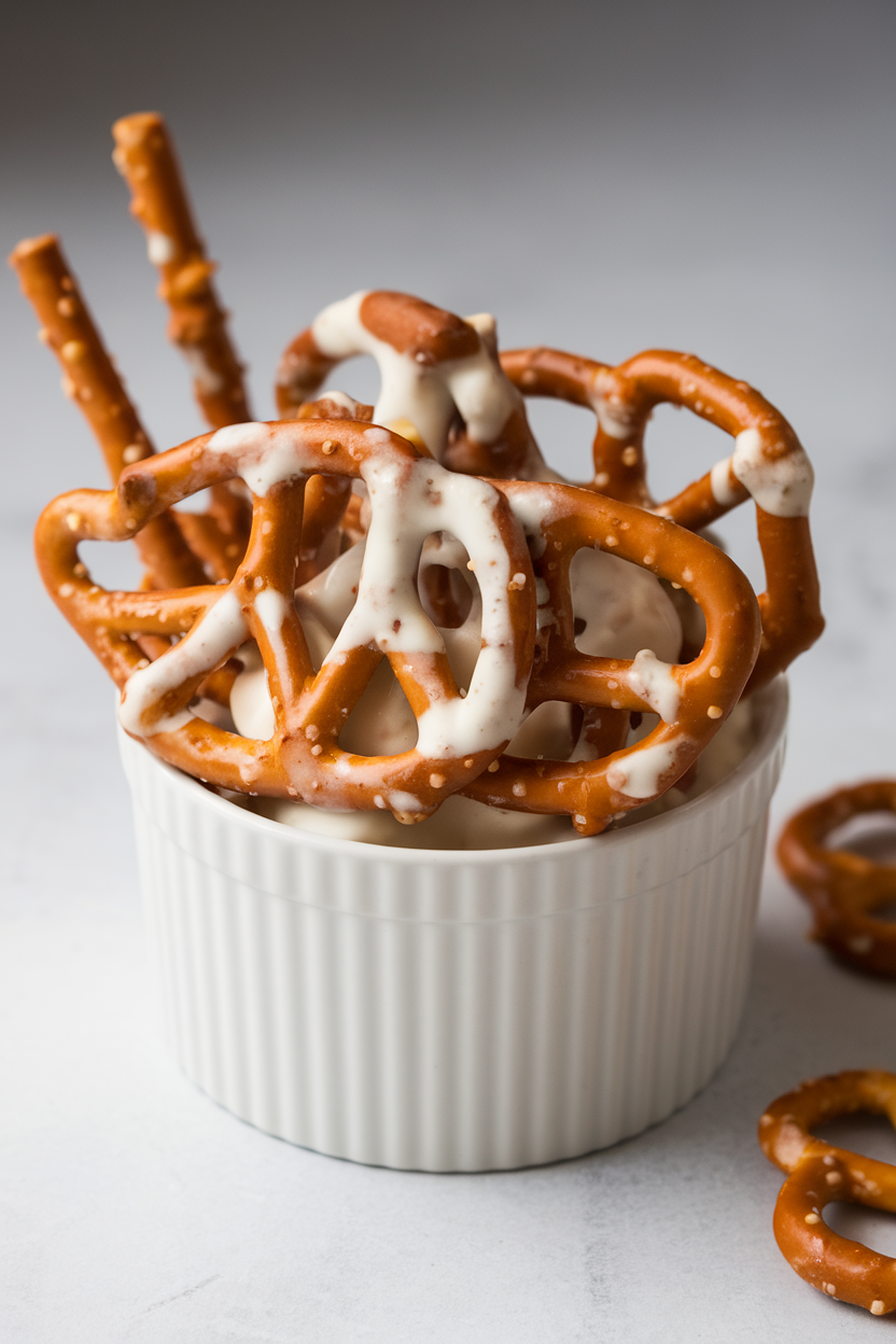Indoor shot of a white ramekin filled with yogurt-covered pretzels, a few pretzels leaning against the rim. No text or logos.