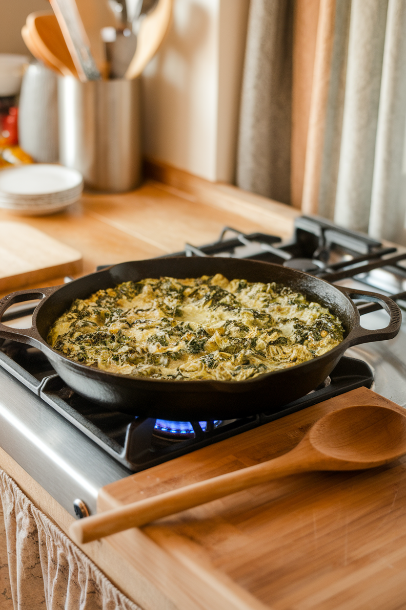 A warm indoor kitchen island showing a cast-iron skillet of bubbling green spinach artichoke dip with a wooden spoon resting nearby. Photo, no text or logos.