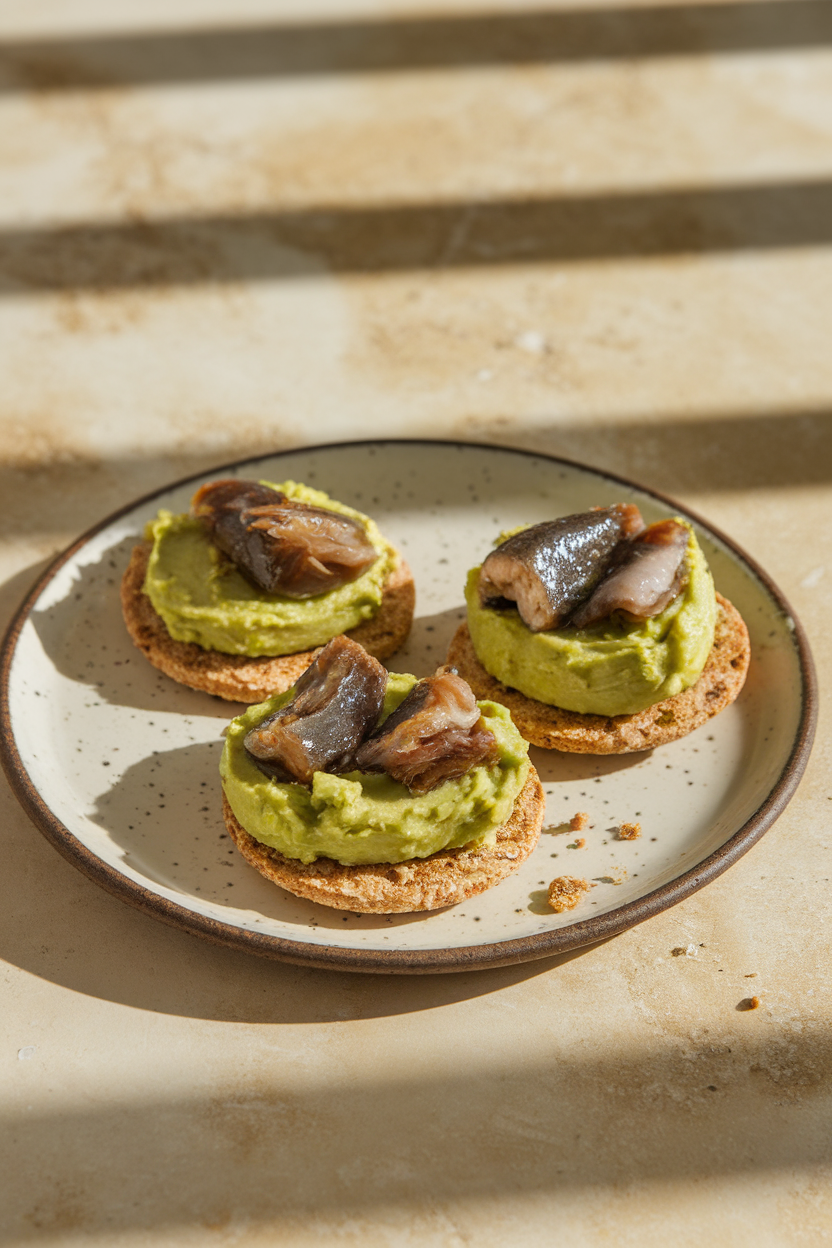 Photo of crisp whole-grain crackers spread with mashed avocado and topped with sardine pieces, captured indoors on a small plate. No text or logos visible.