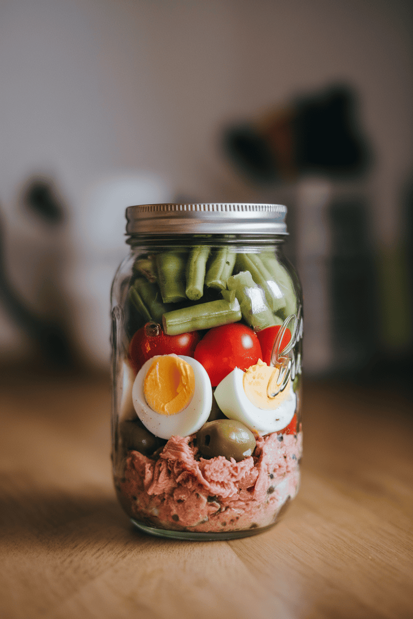 Indoor photo of a mason jar layered with cooked green beans, cherry tomatoes, hard-boiled egg halves, canned tuna, and olives. No text or logos.