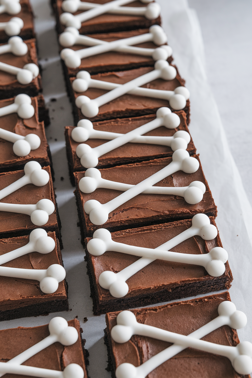 Photo indoors of brownie rectangles decorated with white cinnamon-spiced royal icing bones forming playful skeleton designs; no text or logos