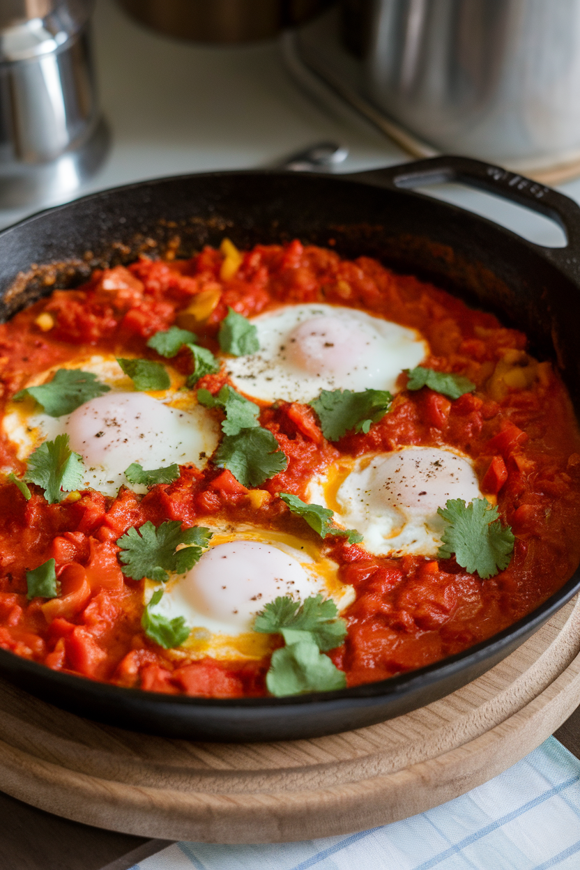 A cast-iron skillet indoors with poached eggs nestled in a chunky tomato-pepper sauce, sprinkled with cilantro. No text or logos.