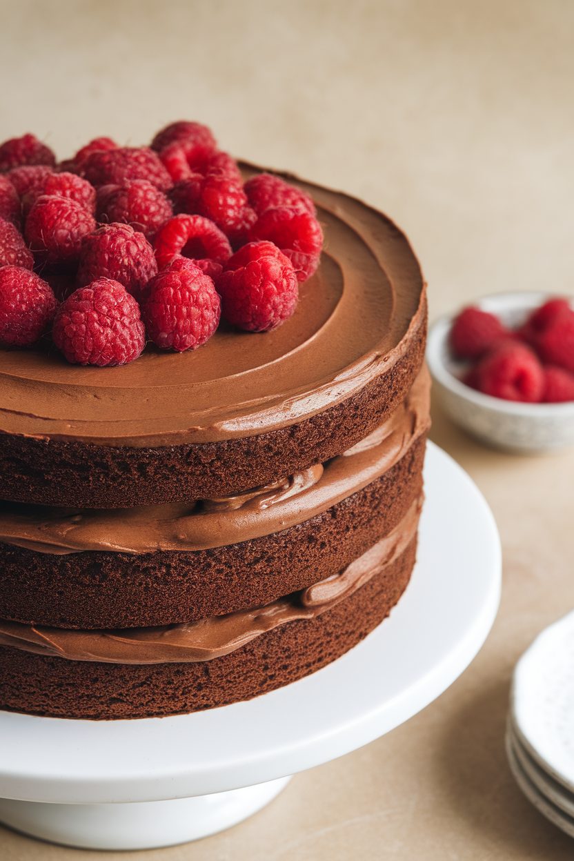 A rich vegan chocolate layer cake indoors, frosted with glossy ganache made from coconut milk, topped with fresh raspberries. Photo only, no text or logos.