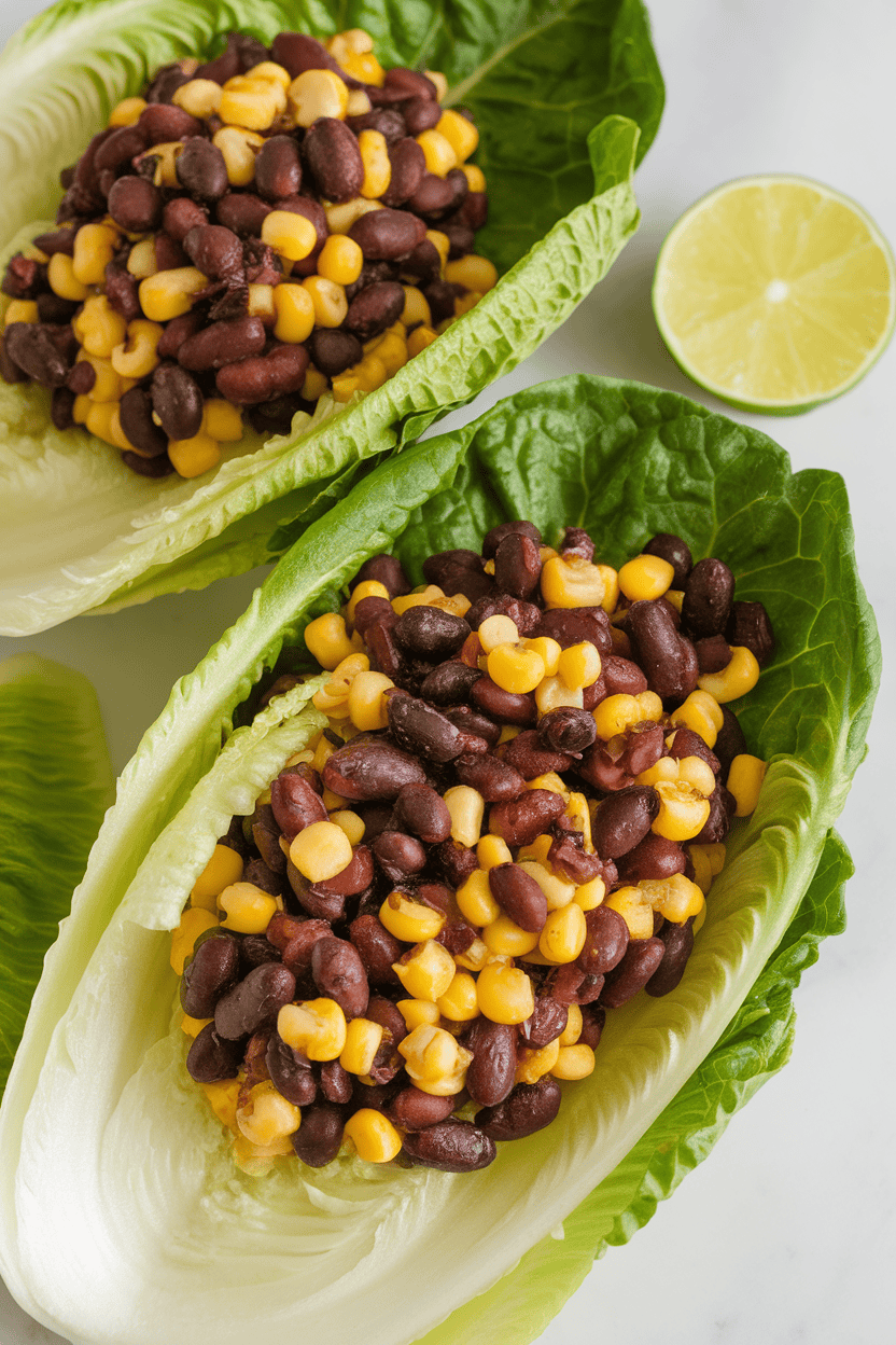 Indoor photo of crisp romaine leaves filled with a sautéed black bean and corn mixture, lime wedge on the side, no text or logos.