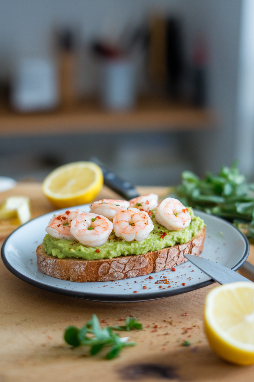 Indoor plate with sourdough toast spread with avocado mash and topped with small cooked shrimp, chili flakes sprinkled over. No text or logos.