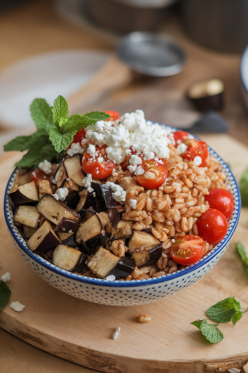 Indoor countertop image of a bowl featuring roasted eggplant cubes, farro, cherry tomatoes, fresh mint, and crumbled feta. No text or logos visible.