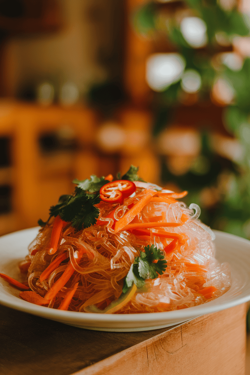 Warm indoor photo of translucent glass noodles blended with shredded carrots, bell peppers, and cilantro, chili slices on top; no text or logos.