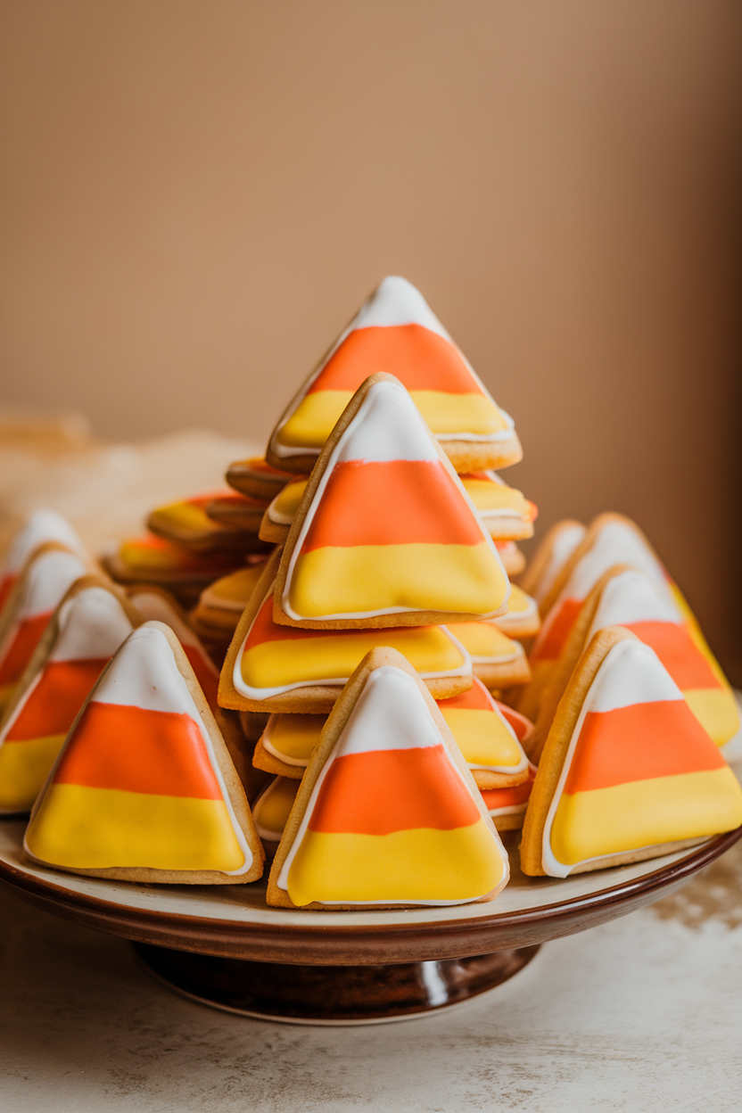 Indoor photo of triangular cookies iced in yellow, orange, and white stripes mimicking candy corn, stacked neatly on a ceramic plate, no text or logos.