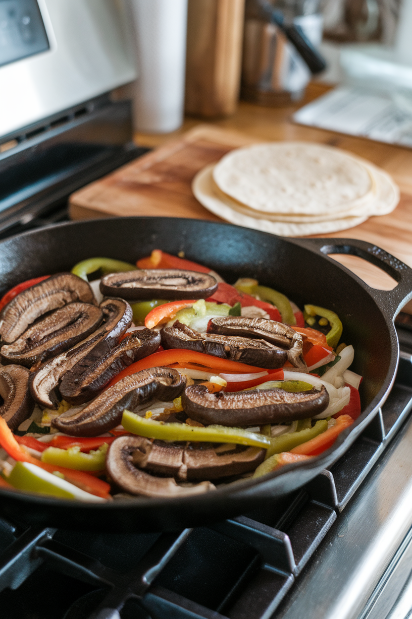 A cast-iron skillet on an indoor stove filled with seared portobello strips, bell peppers, and onions, warm tortillas nearby. Photo only, no logos.