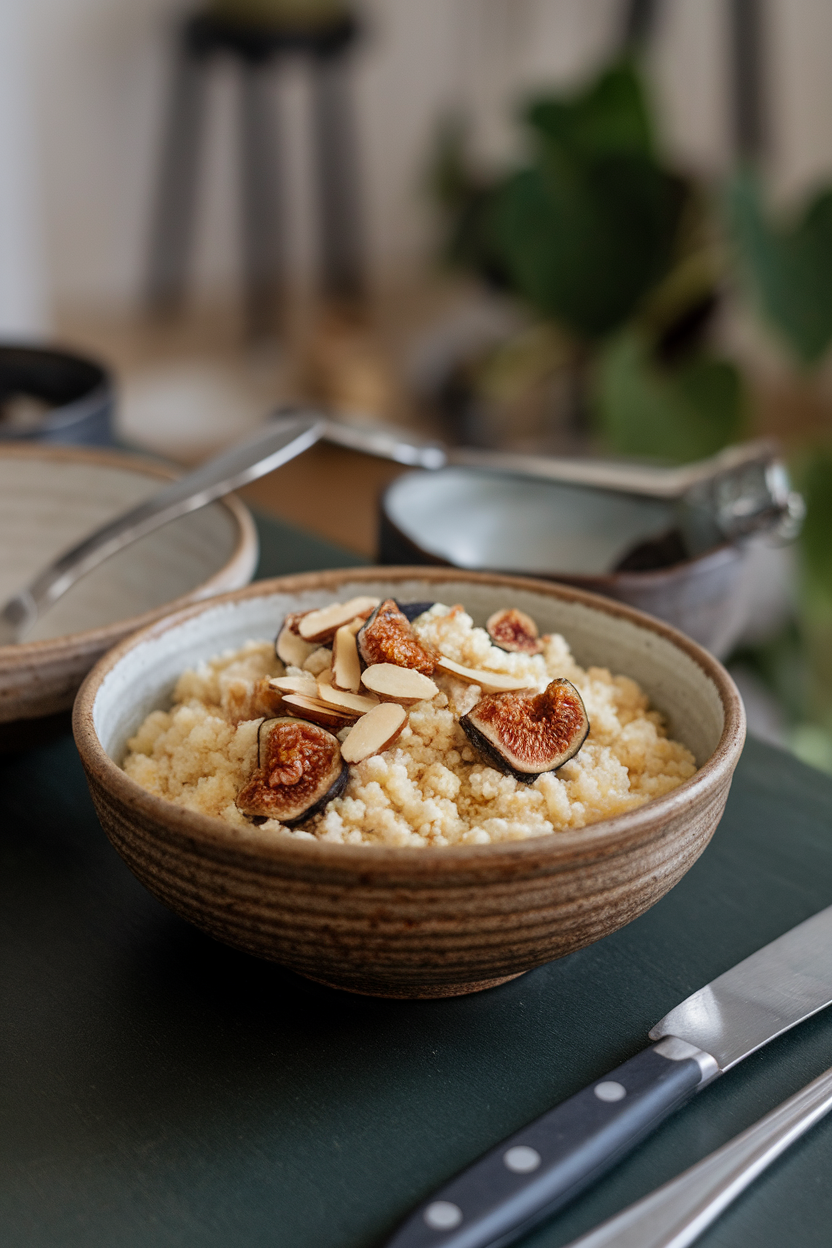 A ceramic bowl on an indoor table holding fluffy couscous mixed with dried figs and sliced almonds. No text or logos.
