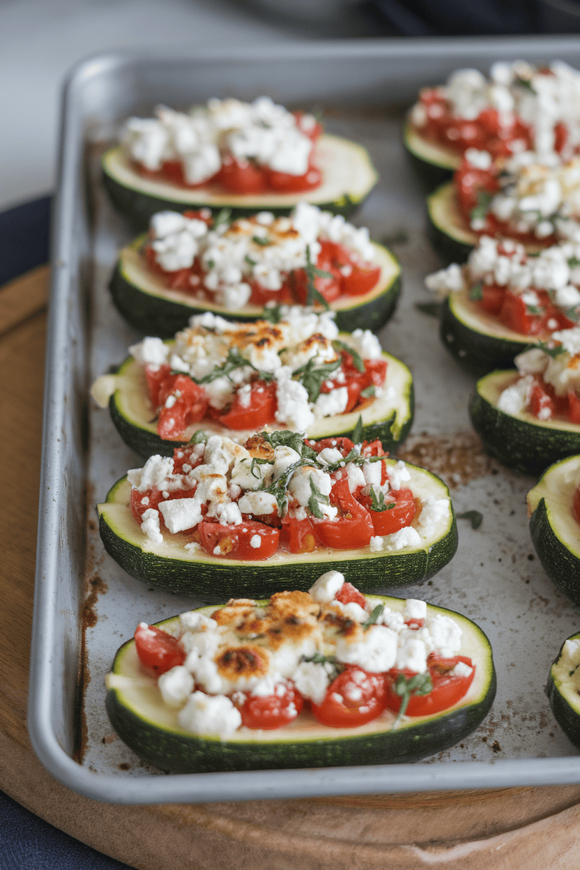 Indoor baking tray with halved zucchini filled with diced tomatoes, feta crumbles, and herbs, cheese lightly browned on top. No logos or text. Photo, not illustration.