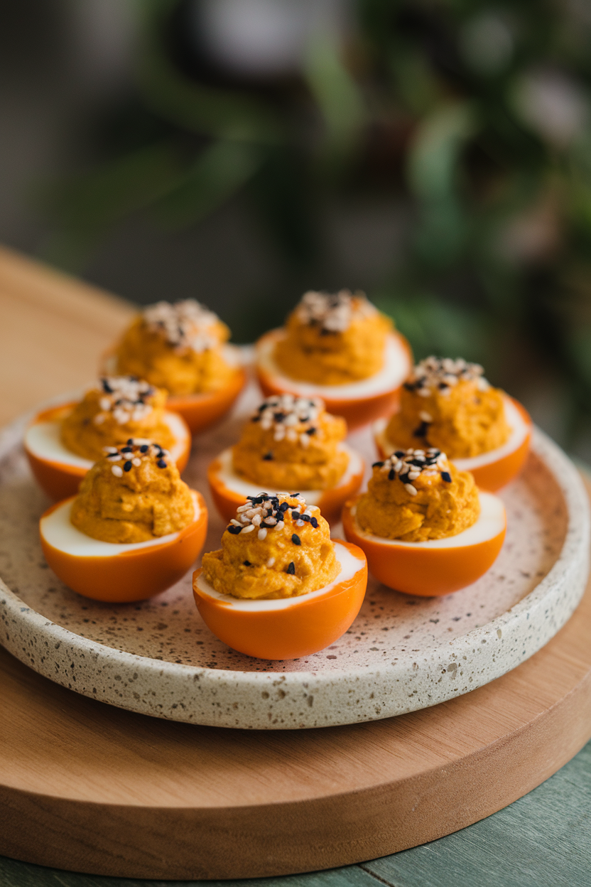 A speckled indoor stone plate with halved eggs dyed a soft orange, filled with pumpkin-miso yolk mixture, topped with sesame seeds. No text or logos. Photo, not illustration.