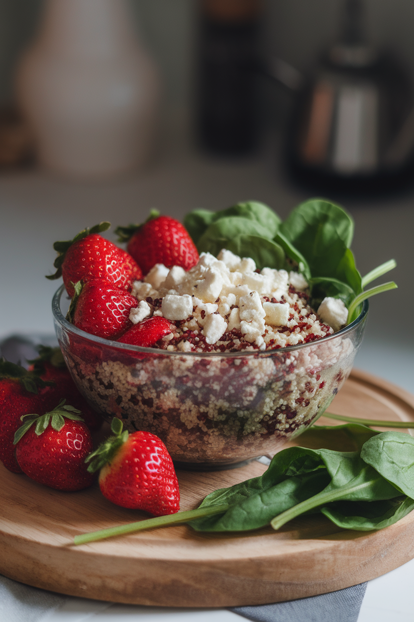Photo of a bowl indoors with red strawberries, fresh spinach, cooked quinoa, and feta crumbles under soft lighting. No text or logos.