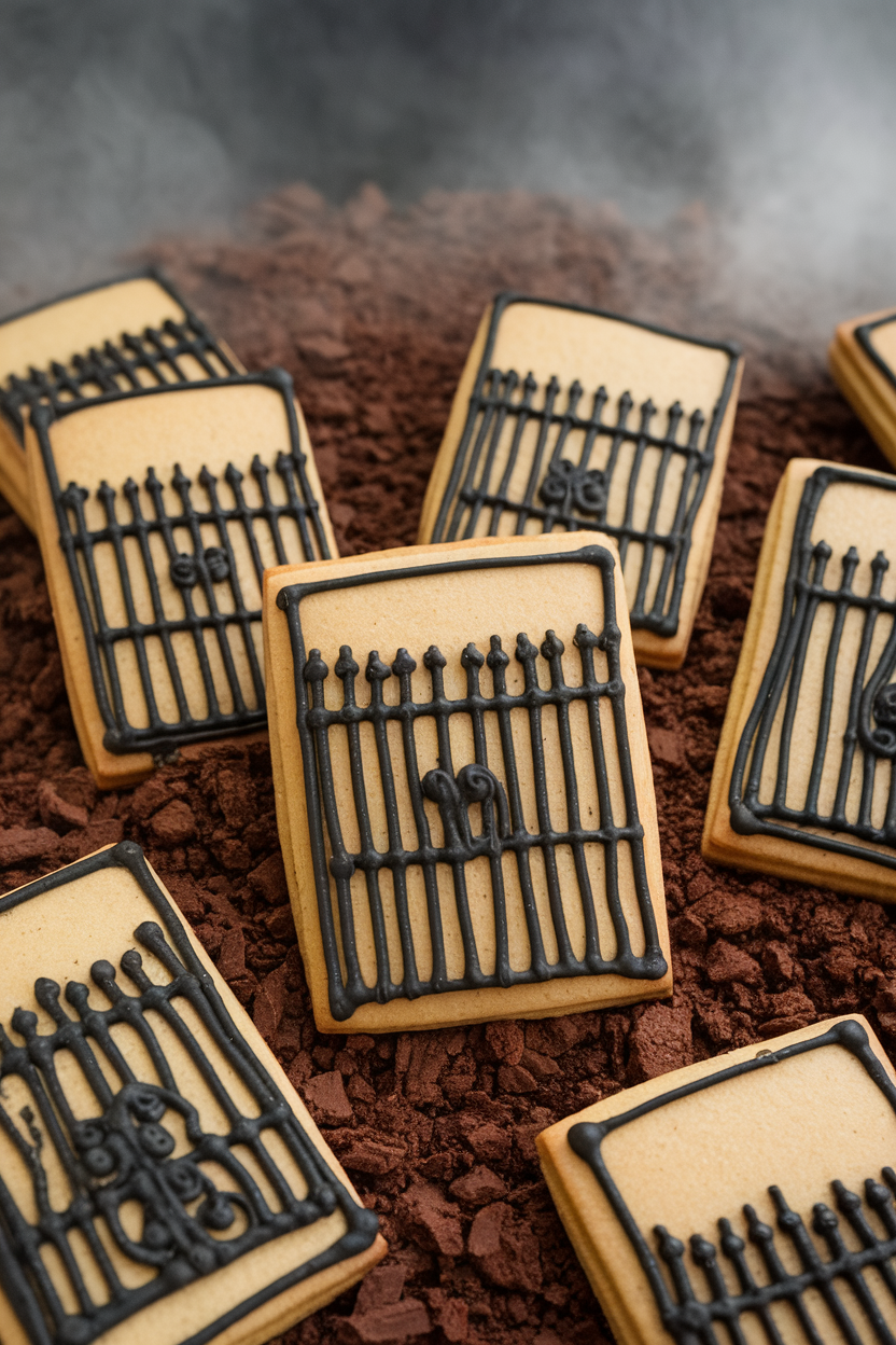 Indoor photo of rectangular cookies depicting iron gates in black icing against gray misty backgrounds, stood upright in crushed cookie “dirt,” no text or logos.