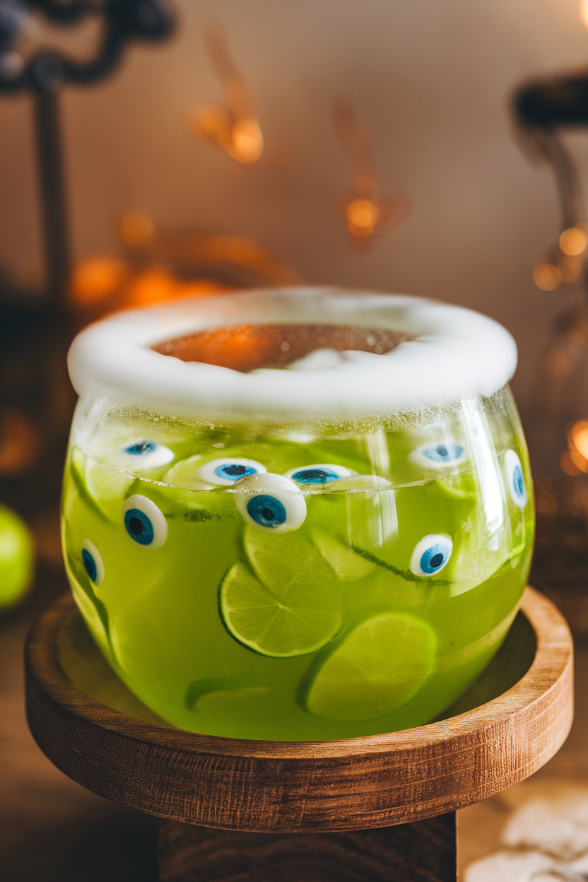 Indoor photo of a clear punch bowl filled with bright green lime punch, floating gummy eyeballs, and a faint dry-ice fog rolling over the rim. Warm kitchen lighting with no text or logos visible anywhere in the scene.