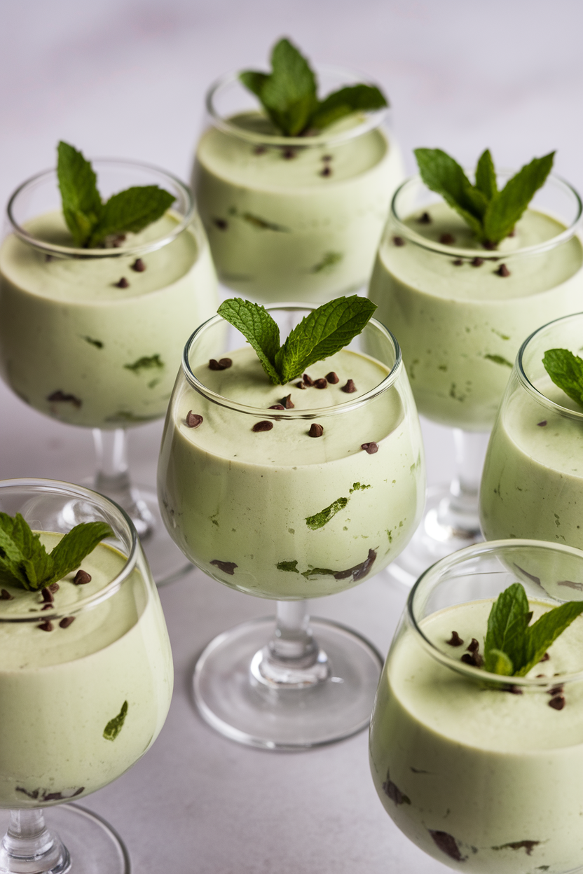 Indoor dessert glasses filled with pale green mint mousse, mini chocolate chips folded in, garnished with mint leaves. No text or logos.