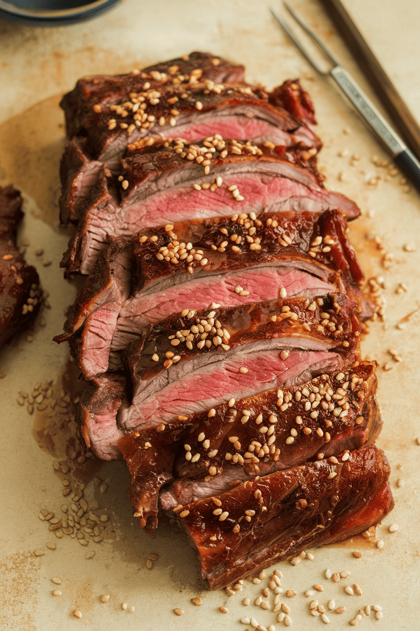 Indoor tabletop featuring sliced cross-cut beef short ribs cooked and glistening with Korean BBQ marinade, sesame seeds scattered on top. No text or logos present. Photo, not illustration.