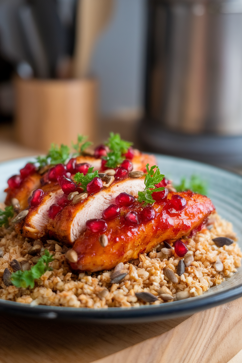 Indoor shot of pomegranate-glazed chicken strips on smoky freekeh with parsley and seeds scattered. No logos or text.