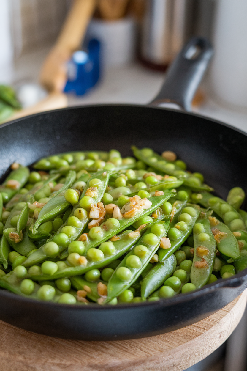 Bright green sugar snap peas tossed in garlic butter inside a skillet indoors; no text or logos. Photo only.
