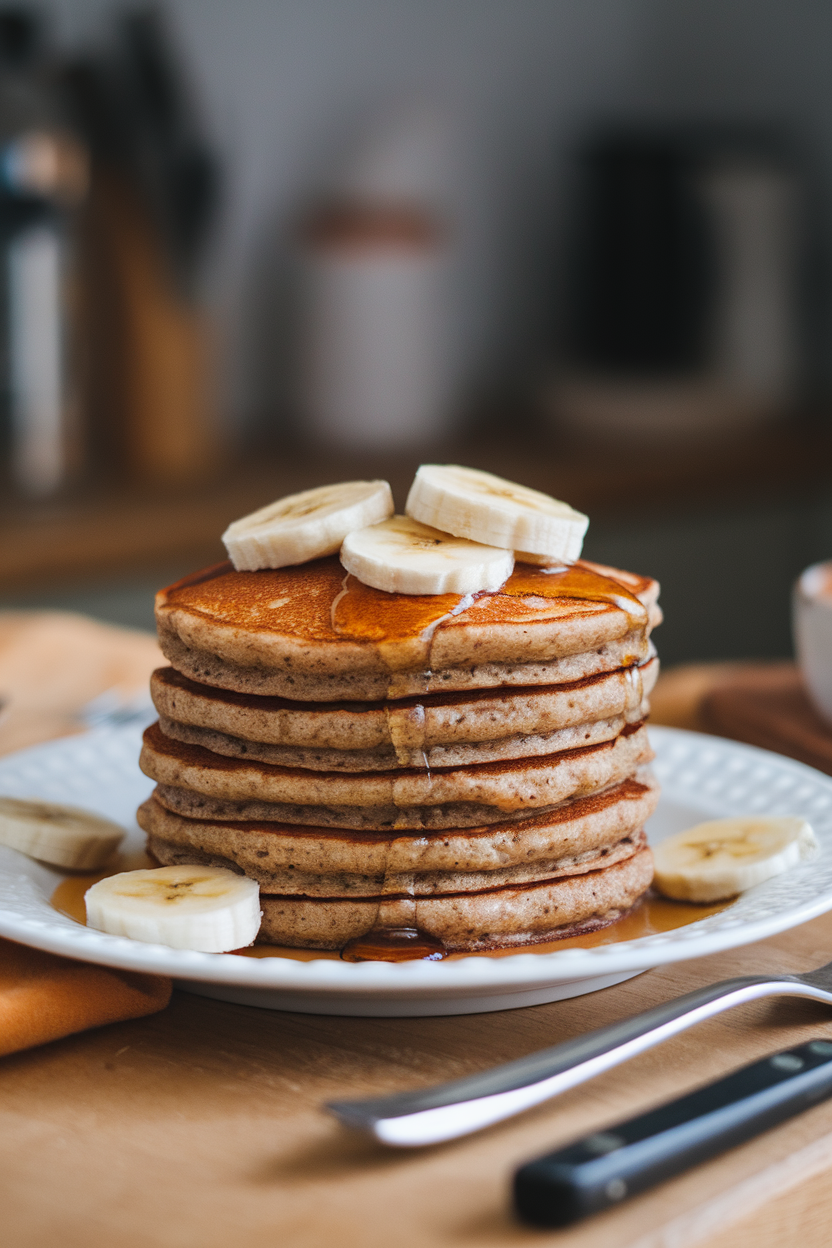 A stack of fluffy buckwheat pancakes crowned with banana slices and maple syrup on an indoor kitchen table, photographed from a slight side angle. No text or logos visible.