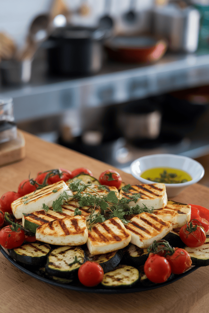 Indoor tabletop with grilled halloumi slices arranged among roasted zucchini and cherry tomatoes, drizzle of herb oil on top. No text or logos present. Photo, not illustration.