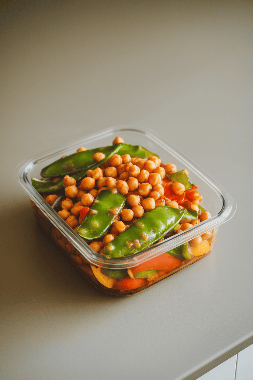 Indoor photo of a meal-prep container filled with stir-fried chickpeas, bell peppers, and snap peas in a glossy sauce, neutral countertop, no text or logos.