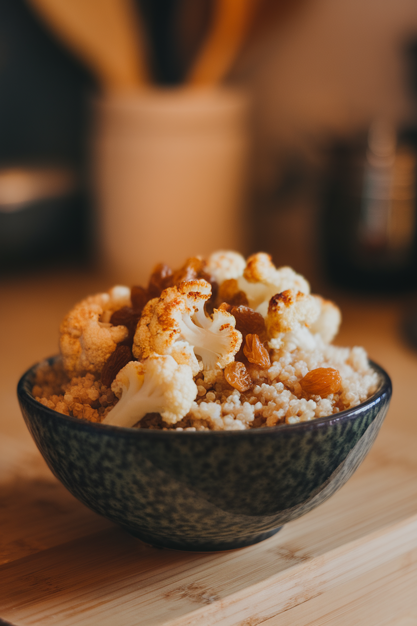 Warm indoor lighting highlighting a bowl of quinoa with browned cauliflower florets and golden raisins; no logos or text.