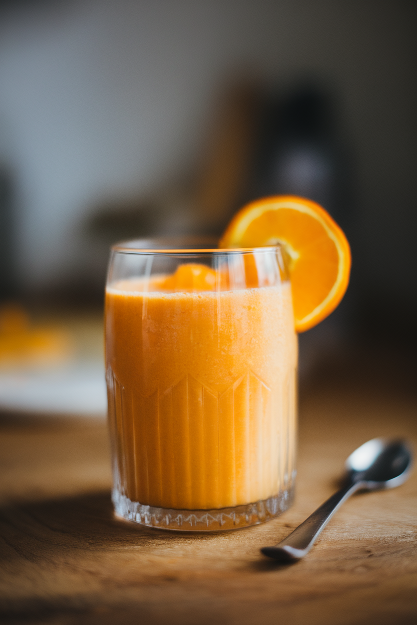 Photo of a vibrant orange smoothie in a clear glass with a small ginger slice on the rim, shot indoors. No text or logos visible.