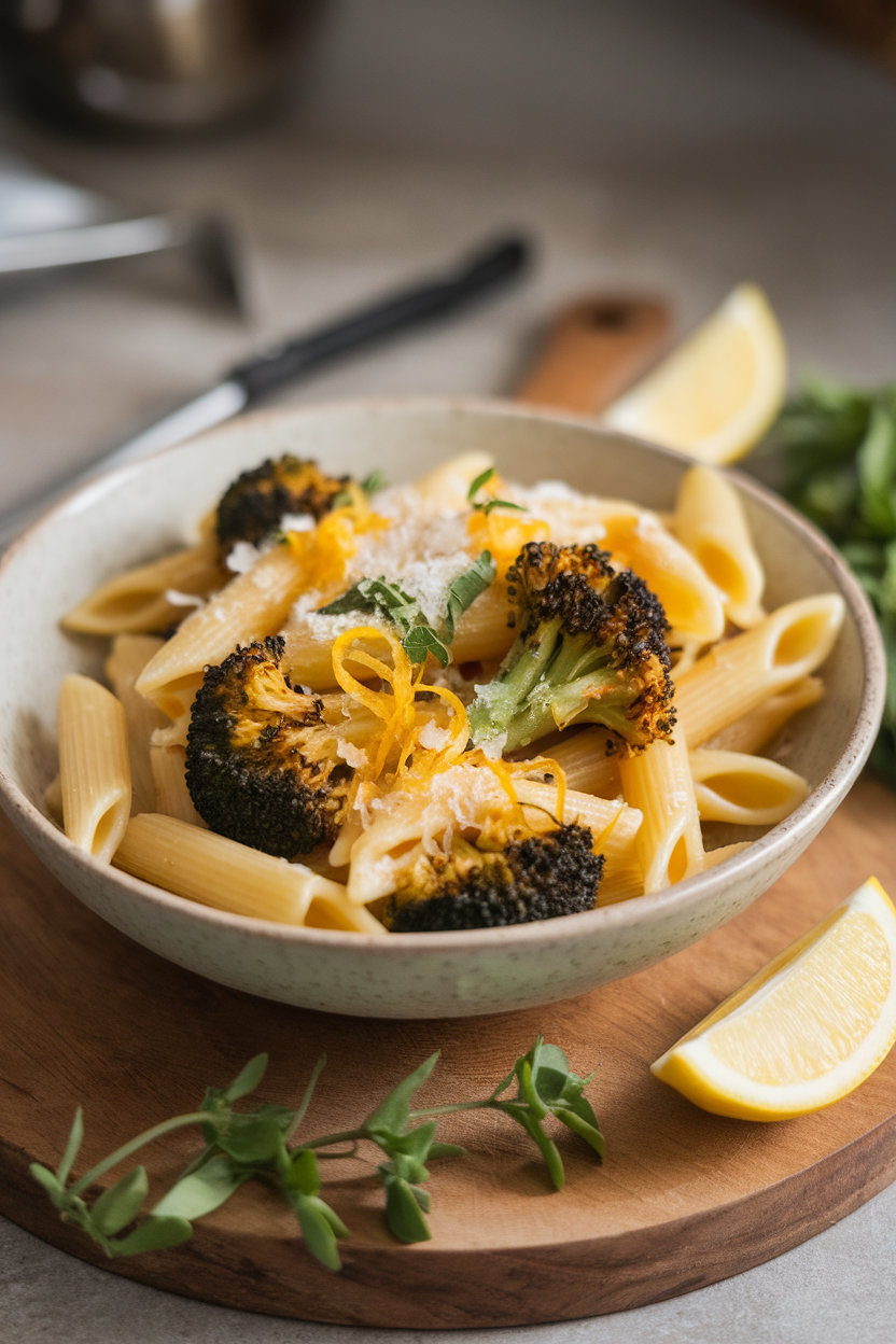 An indoor pasta bowl featuring penne mixed with charred broccoli florets, lemon zest, and grated Pecorino. No text or logos; photography only.