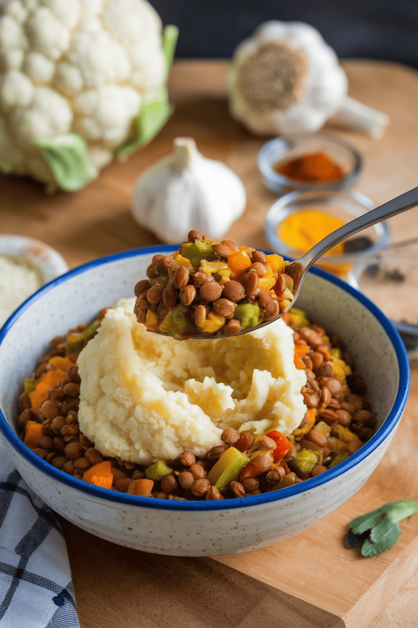 An indoor scene displaying a spoonful of lentil and vegetable filling being topped with mashed cauliflower, no logos or text visible.