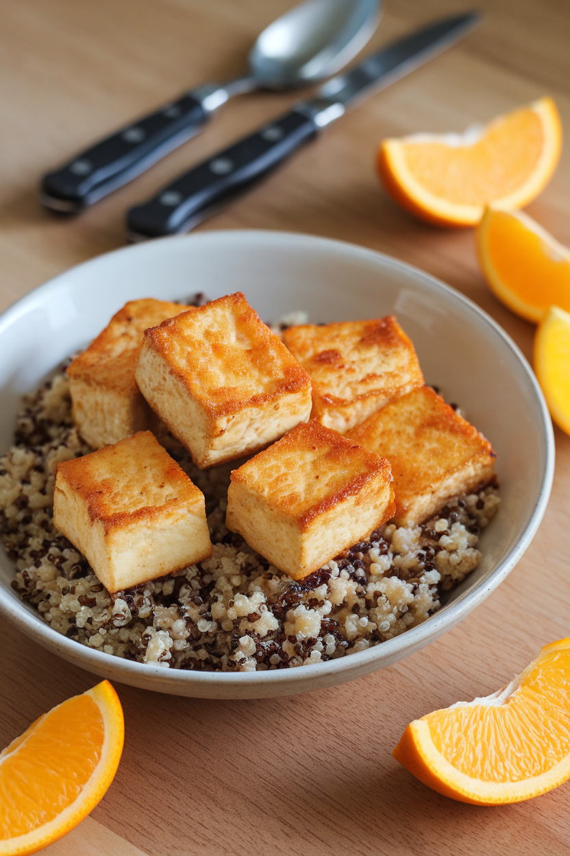 Indoor setting with golden pan-seared tofu cubes on quinoa, orange segments scattered around; no logos or text.