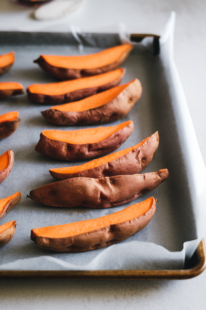 Indoor baking sheet lined with parchment showing softly baked sweet potato wedges, mild browning visible. No text or logos; photo only.