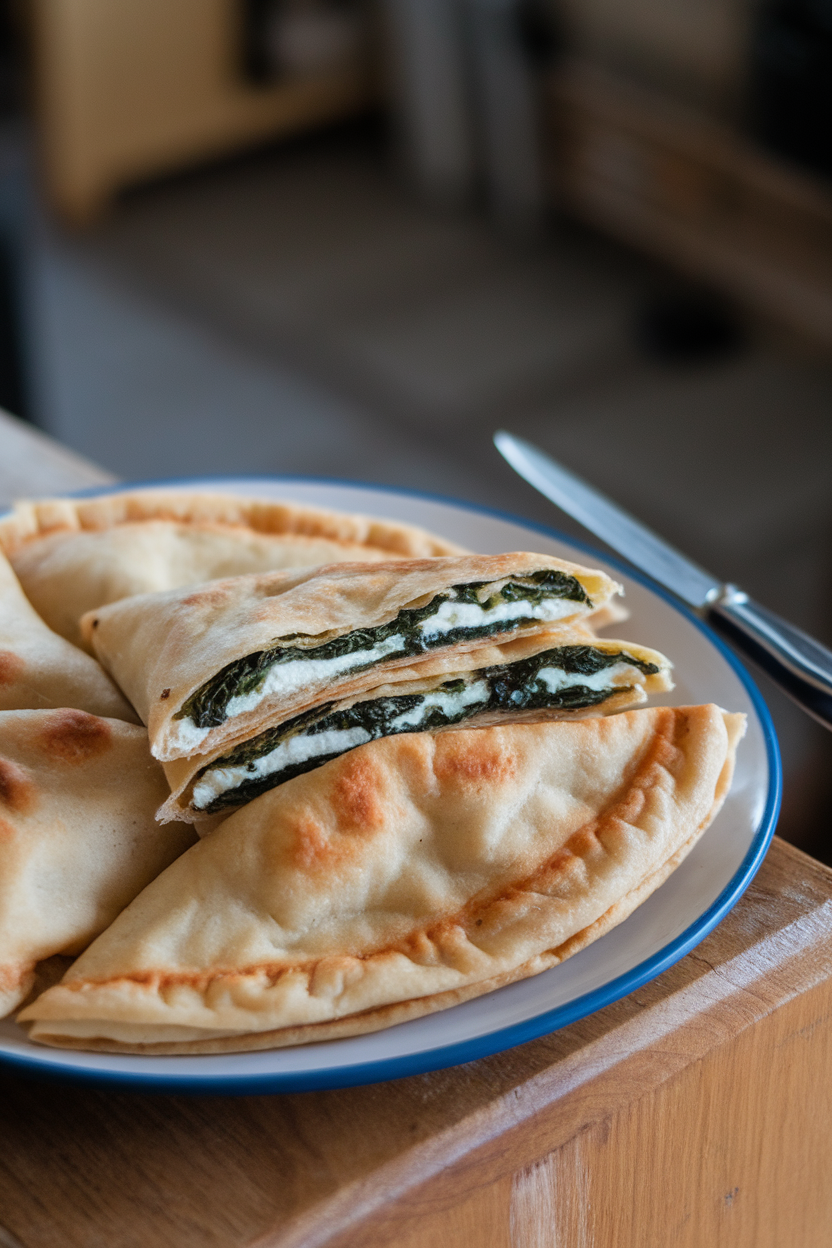 Photo of triangular sliced gözleme on a plate indoors, revealing spinach and white cheese inside the pliable flatbread; no text or logos.