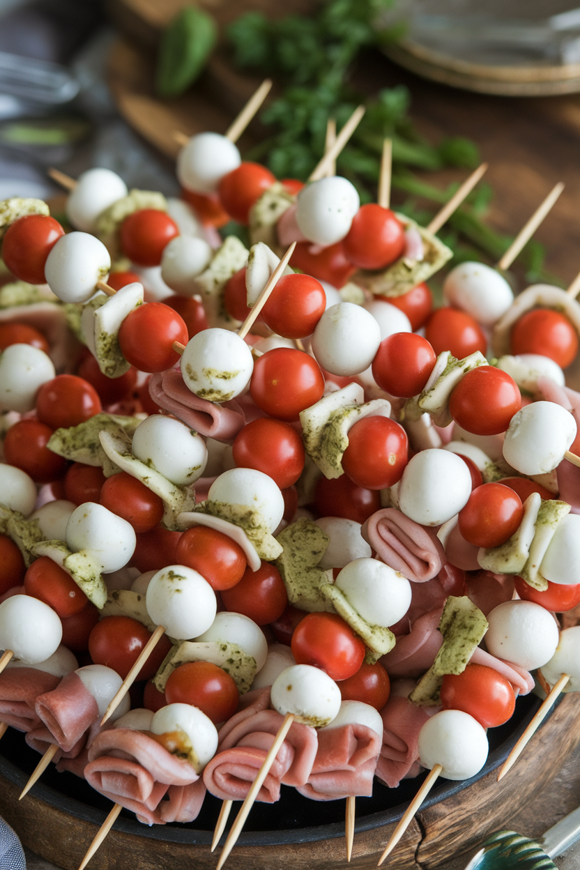 Indoor platter of small skewers alternating mozzarella balls, grape tomatoes, folded turkey slices, and a light pesto glaze. No text or logos.