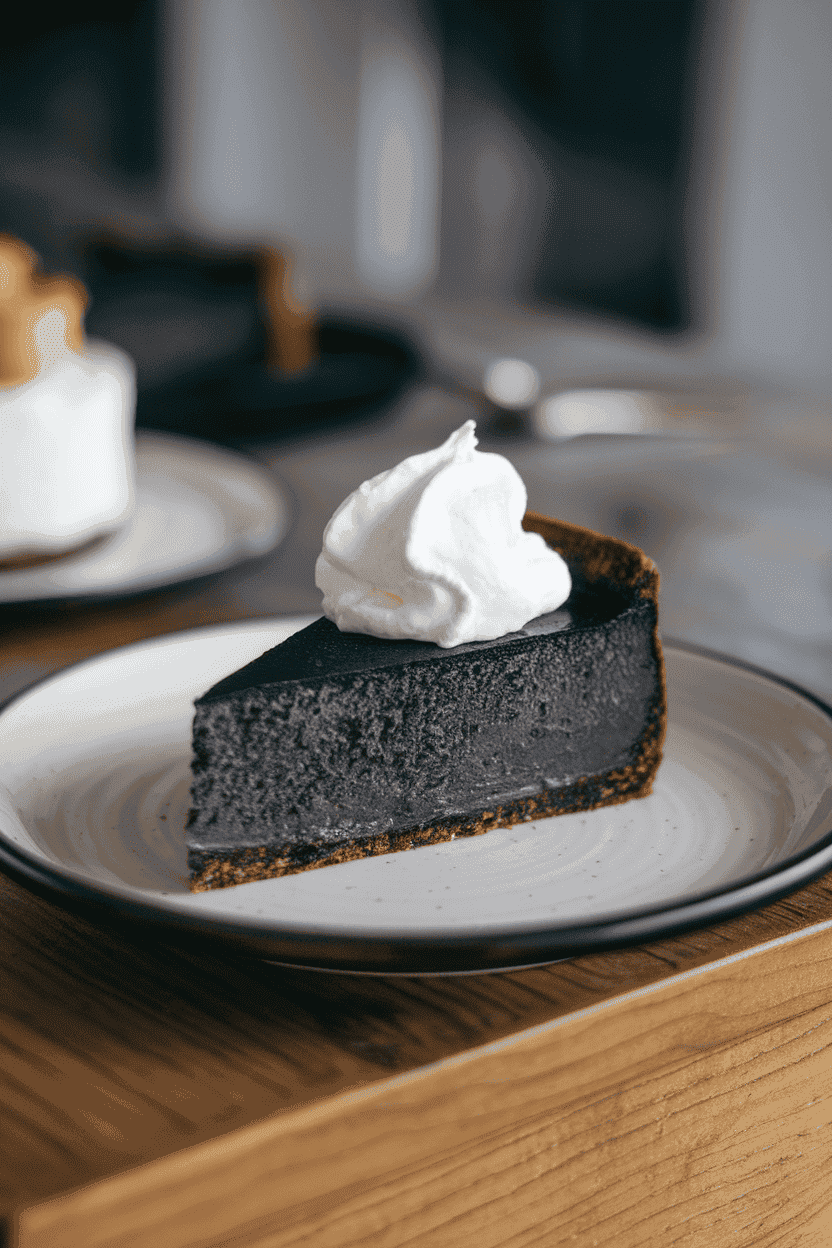 Indoor dessert plate showcasing a slice of jet-black baked cheesecake with contrasting white whipped cream dollop, dark cookie crust visible. Photo only; no text or logos.