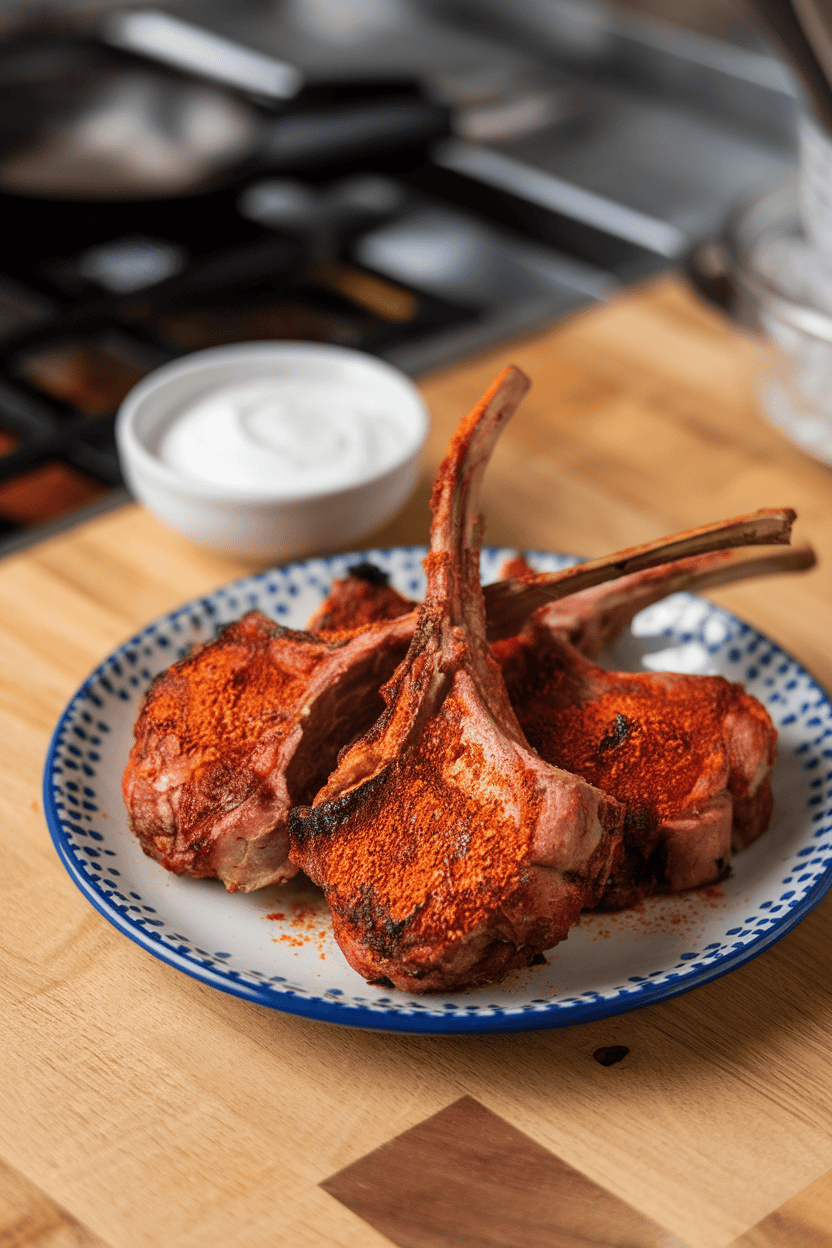 Indoor countertop featuring grilled lamb chops coated in red-orange tandoori spices, a small bowl of yogurt sauce alongside. No text or logos visible. Photo, not illustration.