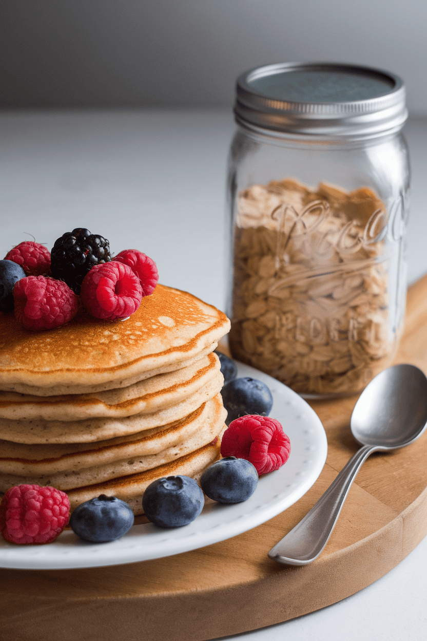 Indoor photo of a mason jar filled with dry oat pancake mix beside a cooked stack of pancakes topped with berries, no text or logos.