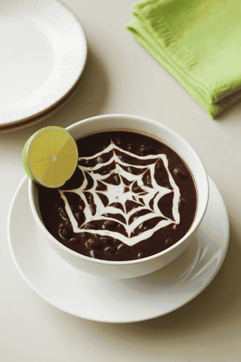 Indoor soup bowl filled with inky black bean soup, swirl of sour cream shaped like a spiderweb, small lime wedge on rim. No text or logos; photo.