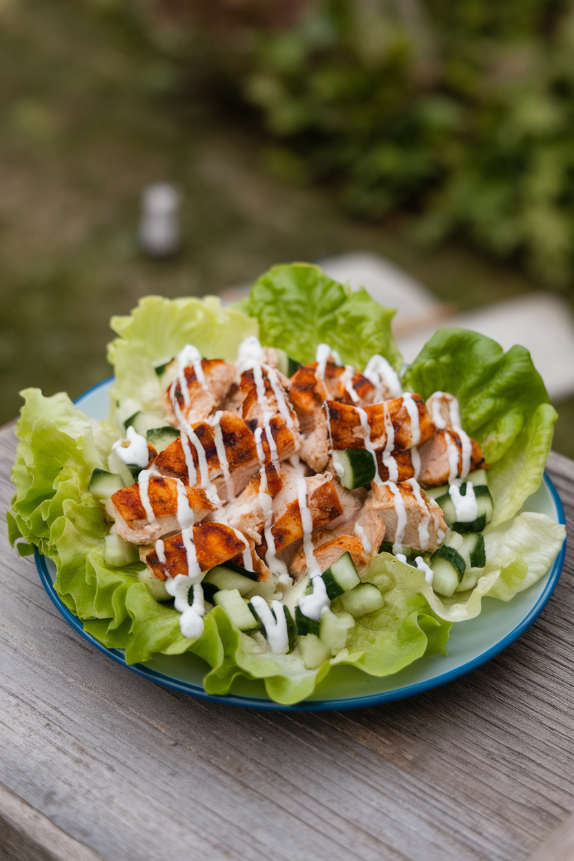 An indoor plate arranged with butter-lettuce leaves filled with small grilled chicken pieces, diced cucumber, and tzatziki drizzle. No visible branding; photography only.