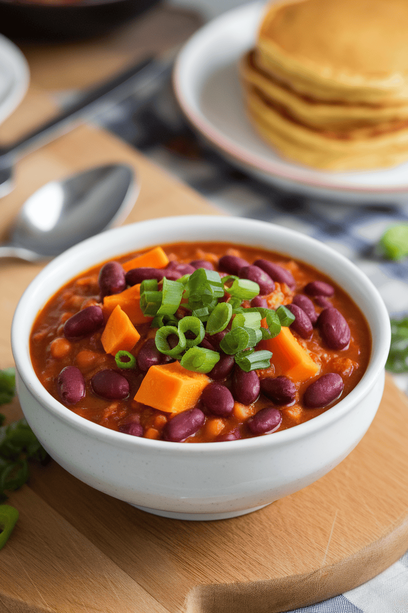 Indoor photo of a bowl of thick red bean chili with orange sweet potato cubes, topped with chopped green onions, no text or logos.