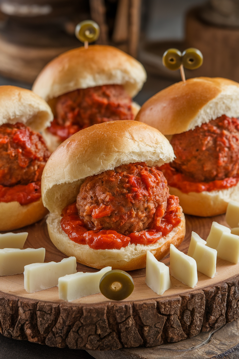 Photo of small buns filled with saucy meatballs, provolone “teeth” cut jagged, and olive eyes on picks, indoors. No text or logos.