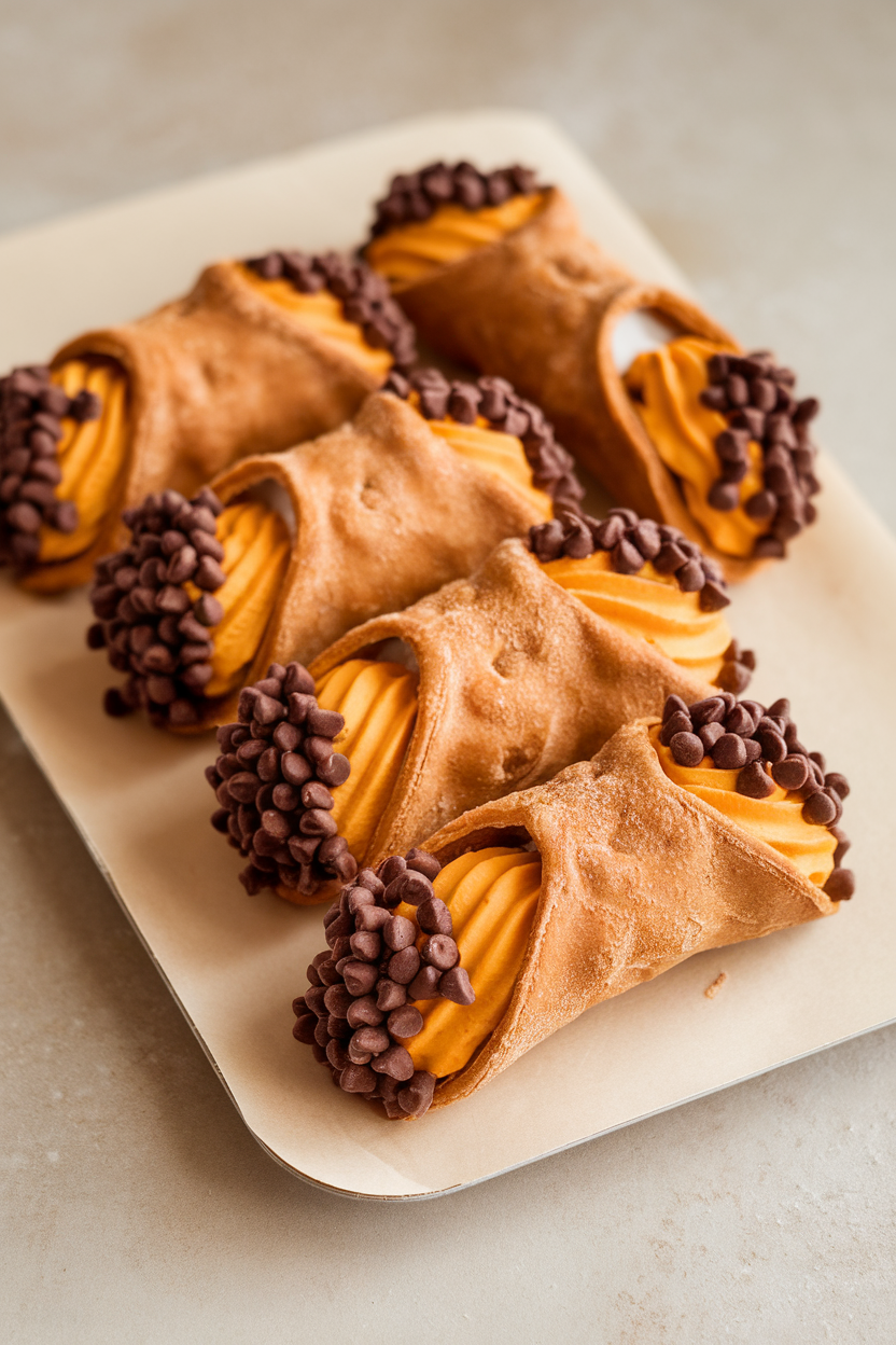 Photo of cannoli shells filled with orange pumpkin ricotta cream, tips dipped in chocolate chips, indoor pastry board, no logos or text.
