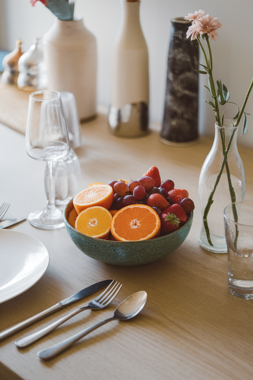 Indoor photo of a bowl of sliced oranges, strawberries, and grapes on a dining table, soft evening lighting; no text or logos