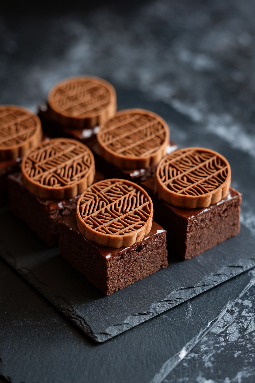 Indoor shot of brownies topped with patterned rounds of black sesame paste resembling mooncakes, plated on a dark slate; no text or logos