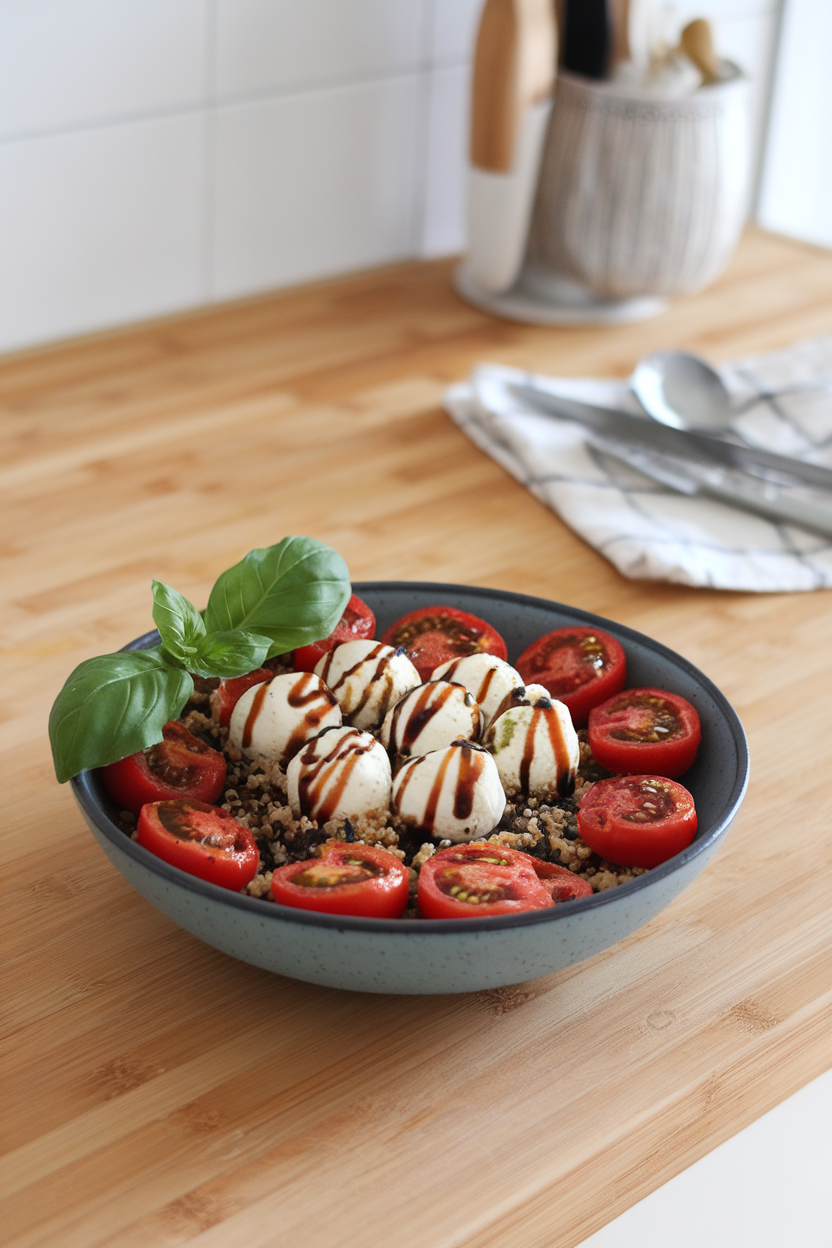 Indoor countertop with slow-roasted tomato halves, pesto-coated mozzarella pearls, and quinoa in a serving bowl; no logos or text.
