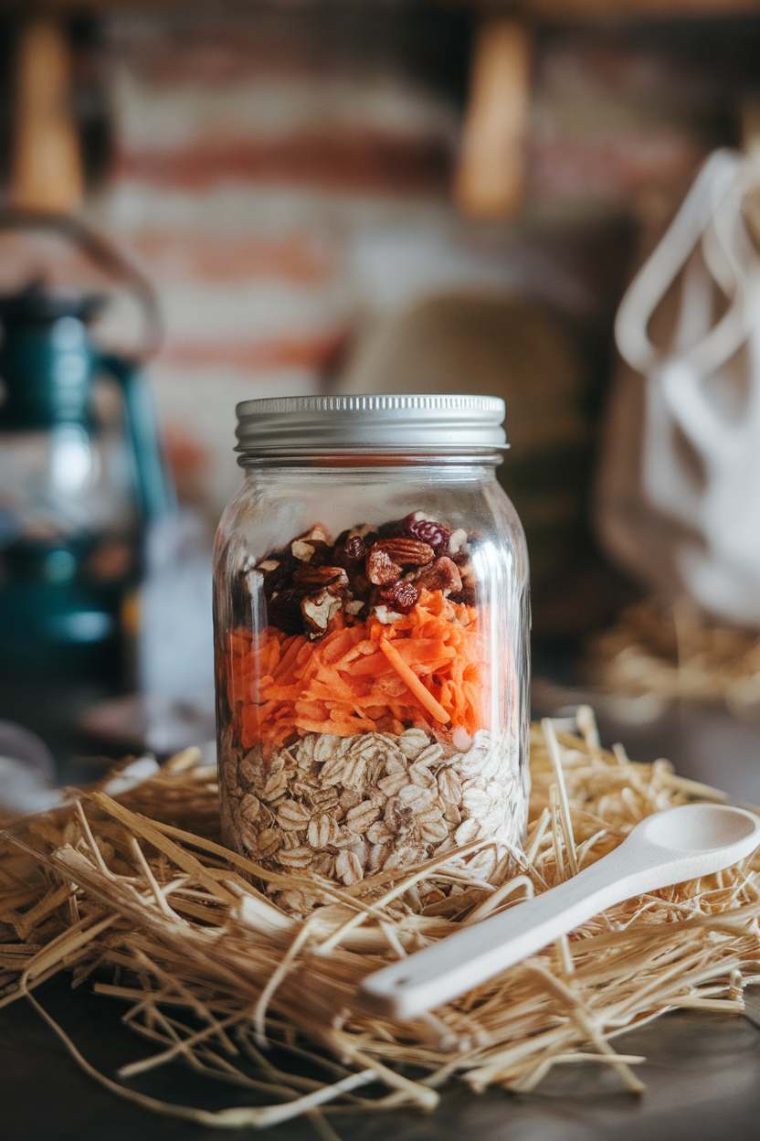 A mason jar on an indoor countertop filled with oat mixture speckled with grated carrots and raisins, pecan pieces on top. Photo only, no text or logos.