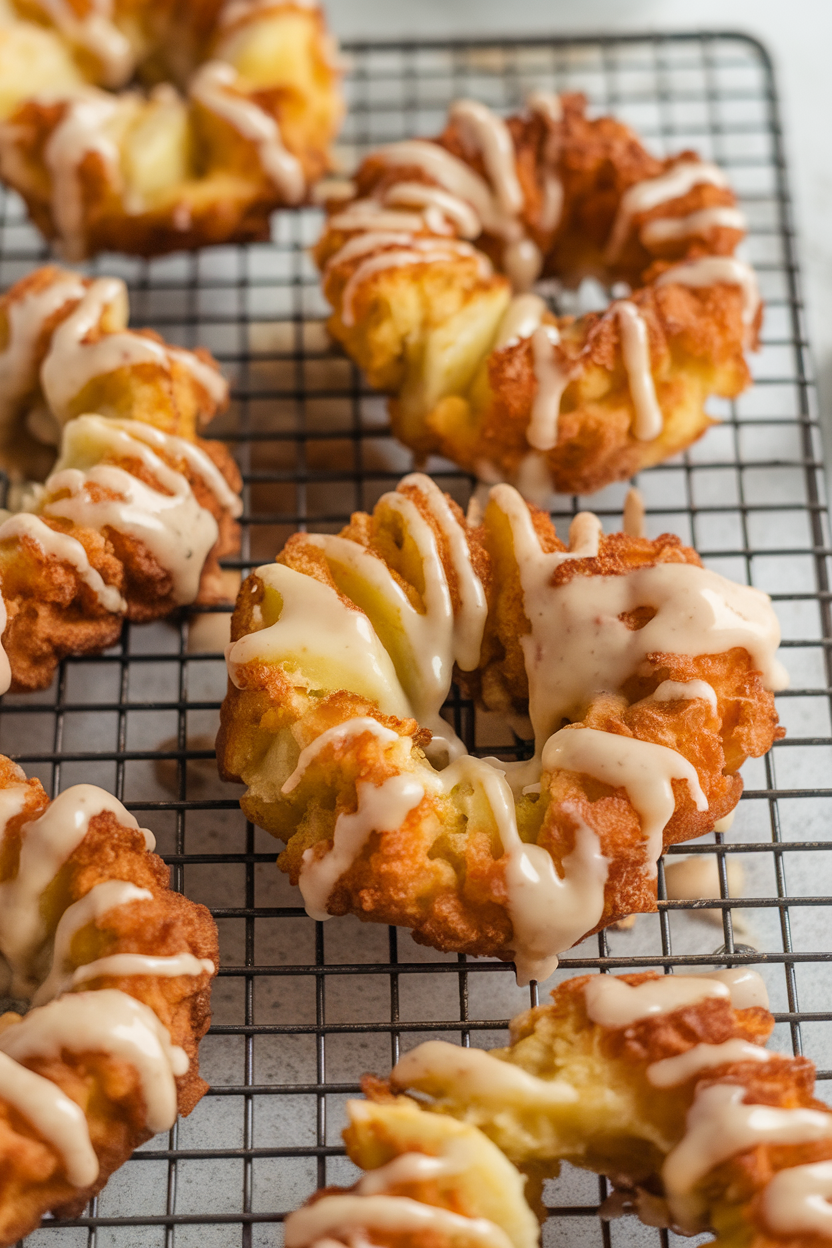 Indoor photo of apple fritters drizzled with maple glaze on a wire rack, glaze dripping lightly. No text or logos.