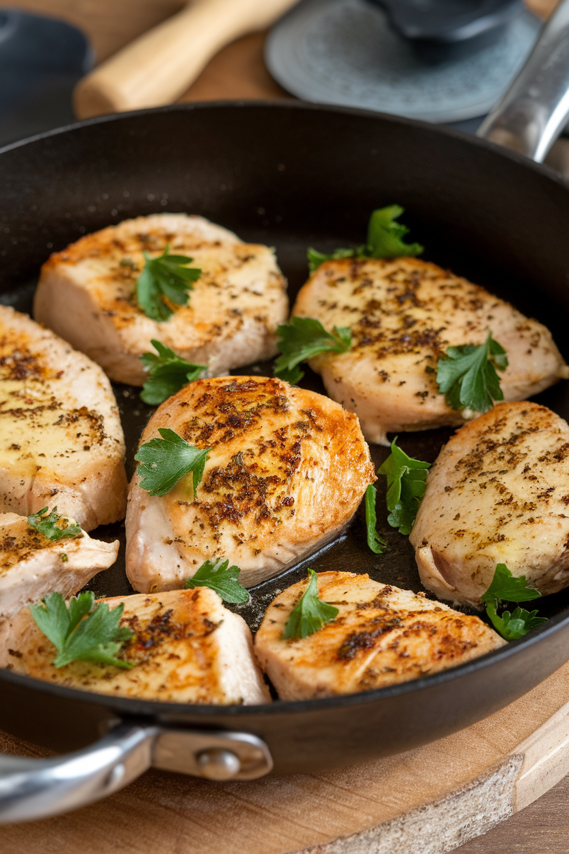 Indoor skillet filled with seared chicken breast cubes coated in garlic butter, parsley sprinkled on top. No text or logos. Photo.