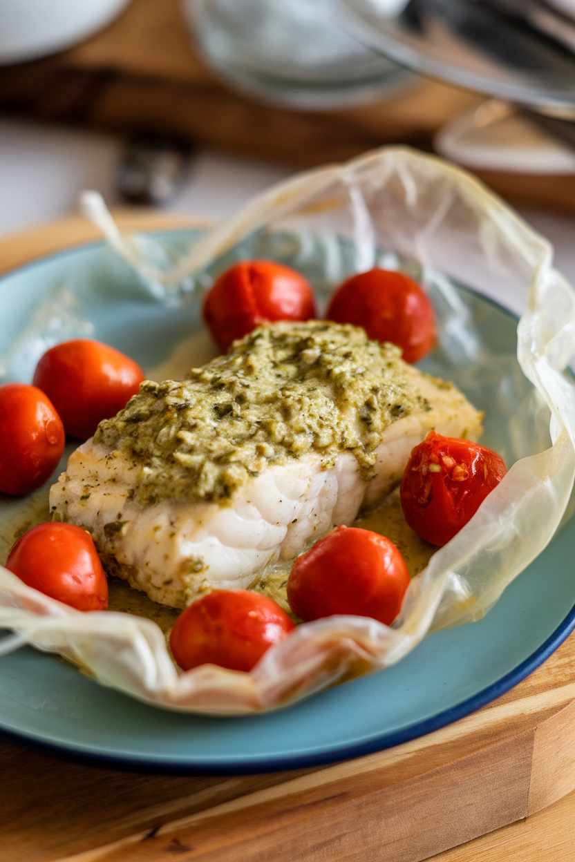 Indoor plate showing unwrapped parchment packet of cod coated in creamy pesto, cherry tomatoes alongside. No text or logos.